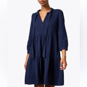 HONORINE Giselle Navy Tirered
Dress Tie Neck Gauze. $365